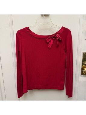 Vintage Y2K Red Knit Top With Satin Ribbon Bow & Trim Size PM